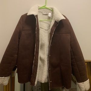 Brown suede Kim Rogers jacket, cream/white fur trim